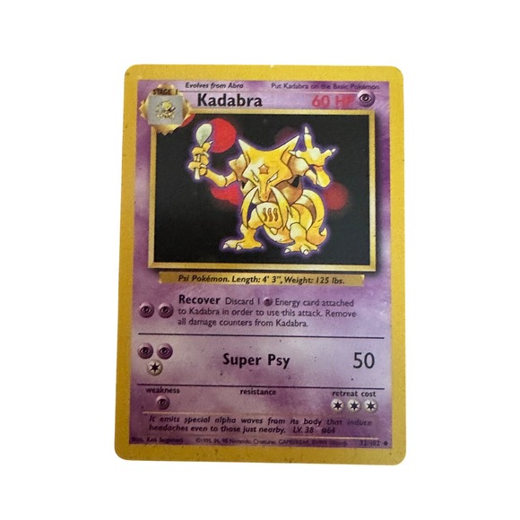 Kadabra Pokemon Card 32/102 Base Set Unlimited Edition Vintage Collectible MP/LP - Picture 1 of 2